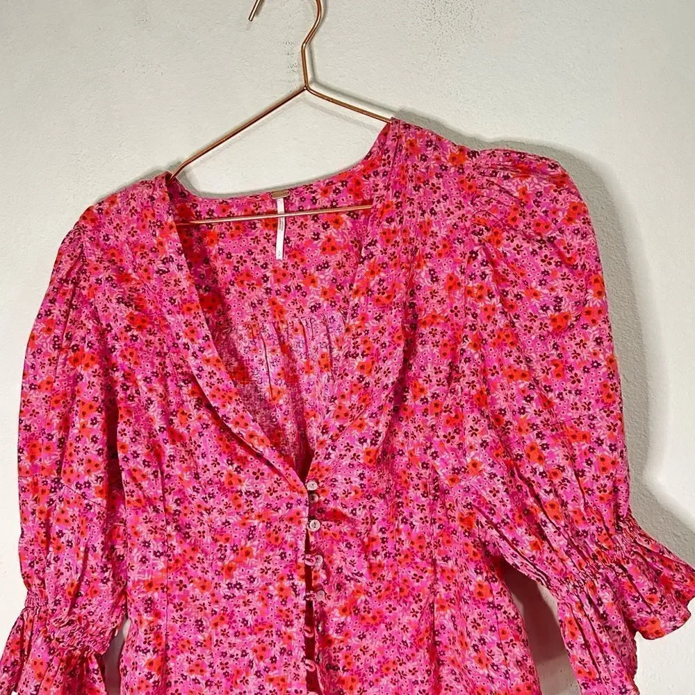 NWOT Free People I Found You Pink Floral Puff Sleeved Top Small